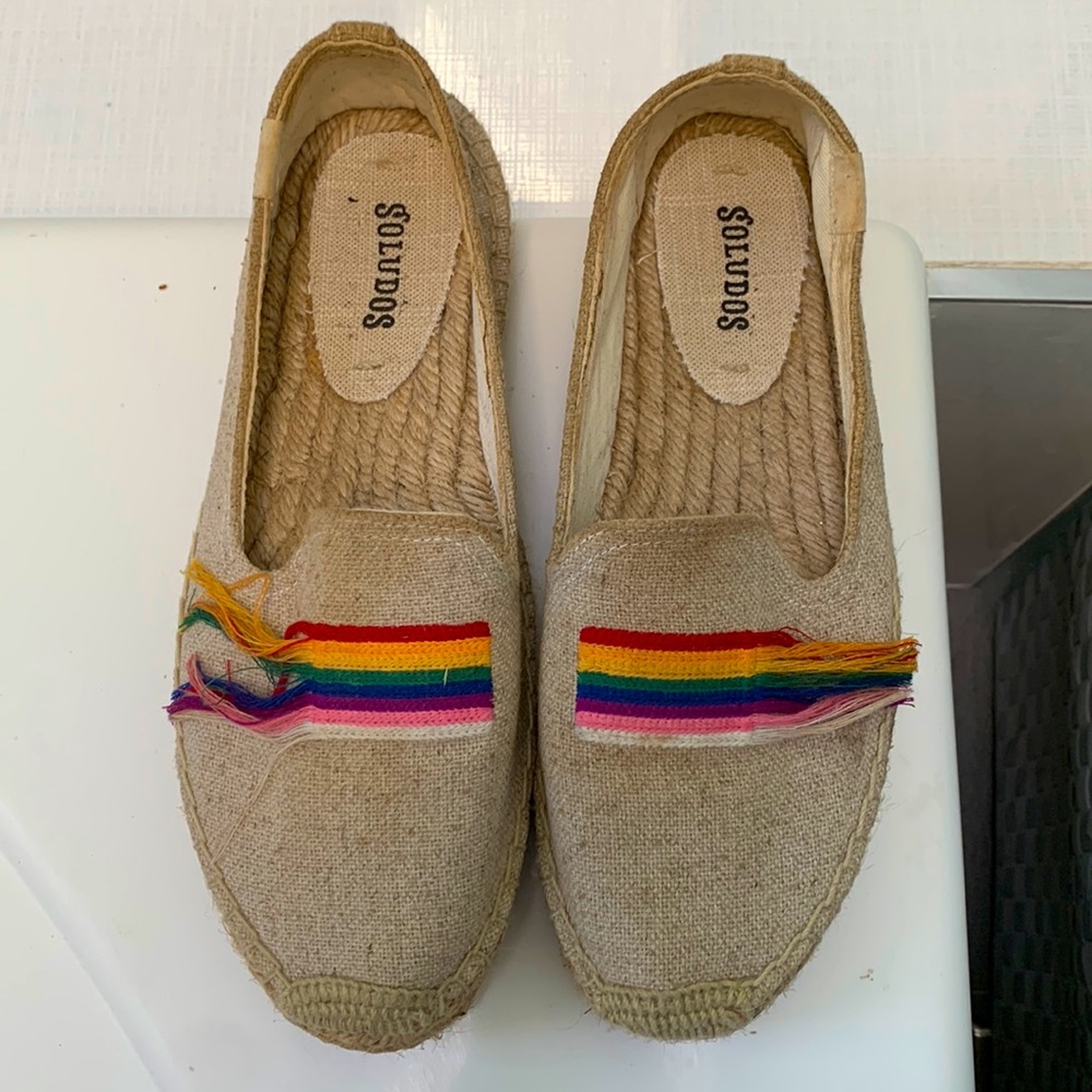 Soludos rainbow flag tan espadrilles